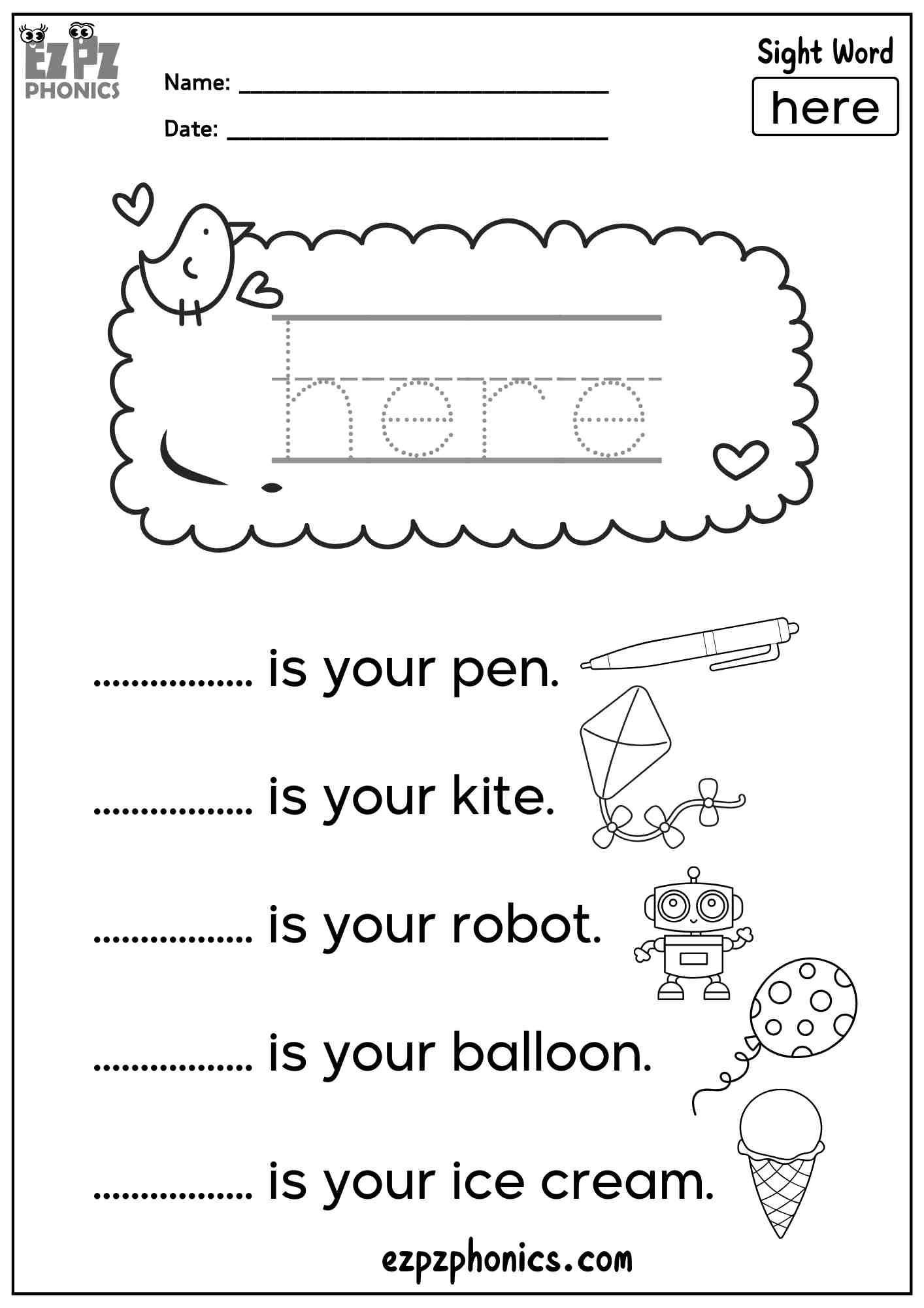 The Word “Here” - Dolch Pre-Kindergarten Sight Words Sentences Worksheet – Free PDF Download